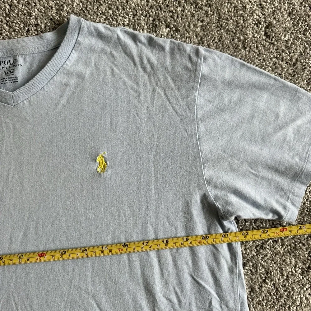 Polo Ralph Lauren Shirt Mens M Blue V‎ Neck Yellow Pony Logo Classic Fit
